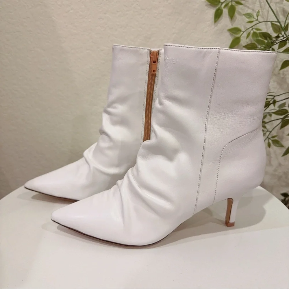 Jaggar White Pleated Leather Boots Kitten Heel Booties in Ivory NIB 37/39